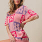 BiBi Pink and Purple Vibes Flower Checker Pattern Short Sleeve Sweater