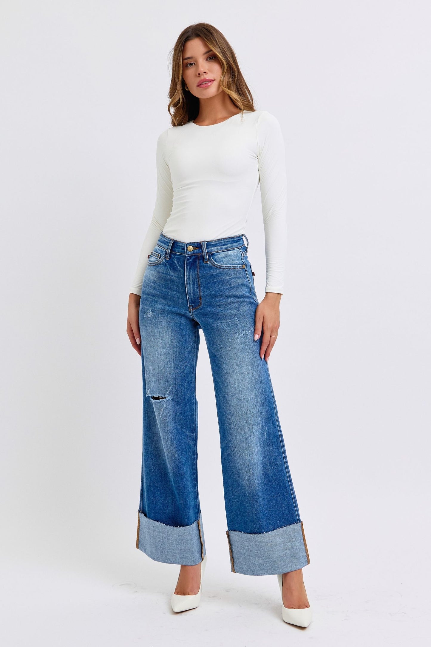 Judy Blue Rae Distressed High Waist Wide Leg Jeans