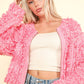 VERY J Feeling Fuzzy and Fabulous Shaggy Yarn Knit Zip Up Jacket in Pink Multi