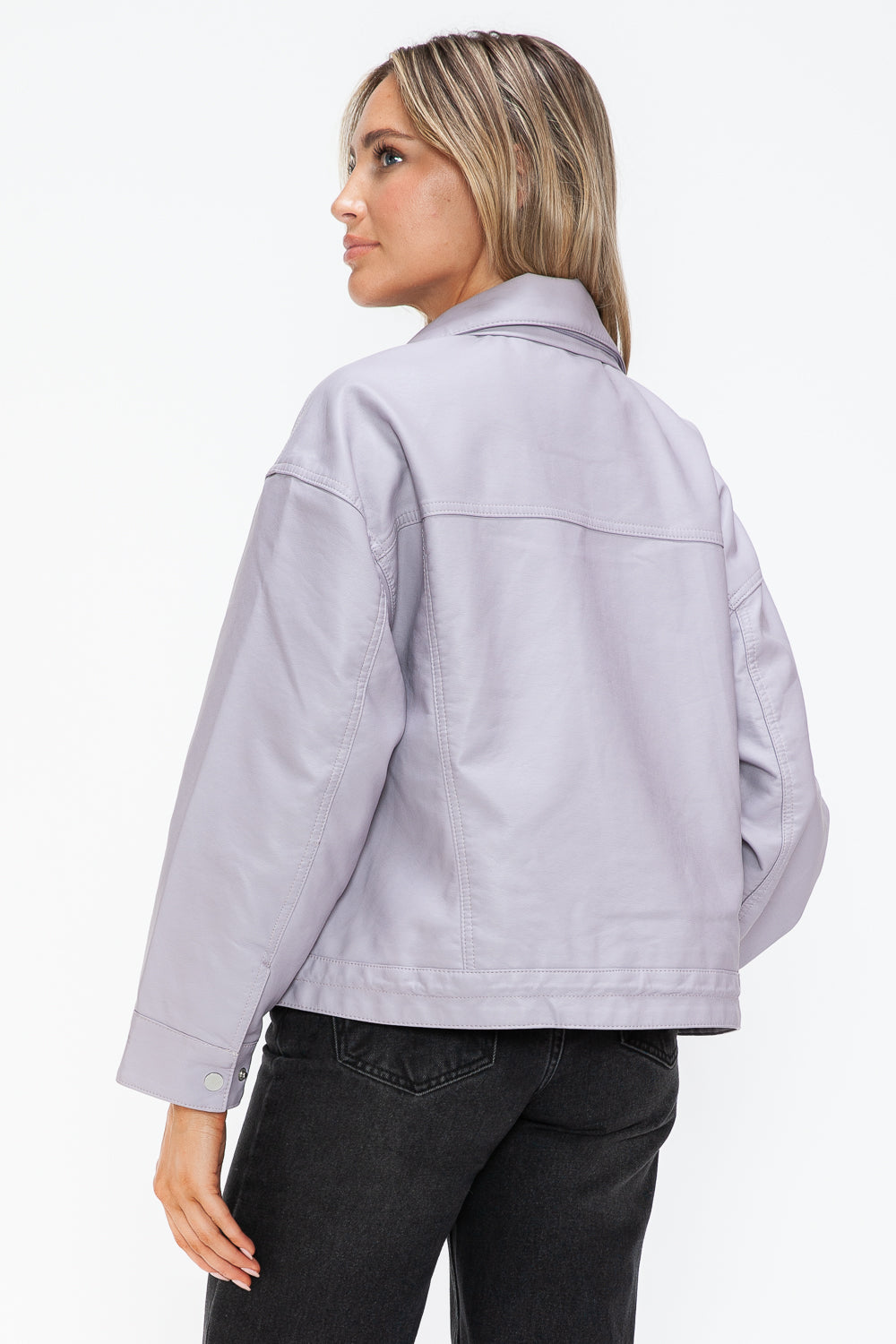 How Dare U My Favorite Layer Drawstring Hem PU Leather Zip Up Jacket in Lilac