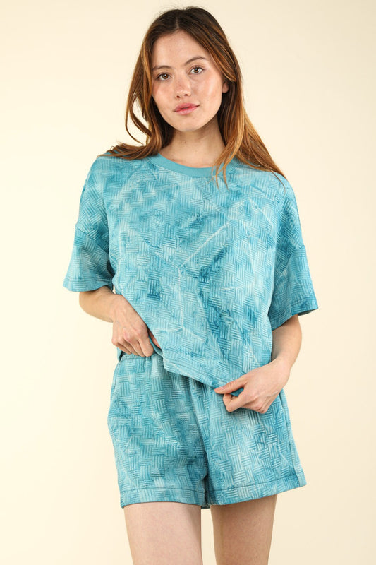 VERY J Comforted Soul Quilted Washed Crop Top and Shorts Set in Teal