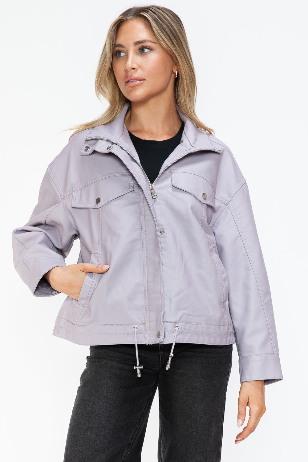 How Dare U My Favorite Layer Drawstring Hem PU Leather Zip Up Jacket in Lilac