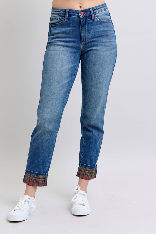 Judy Blue Julia Plaid Print Cuff Straight Leg Jeans with Pockets