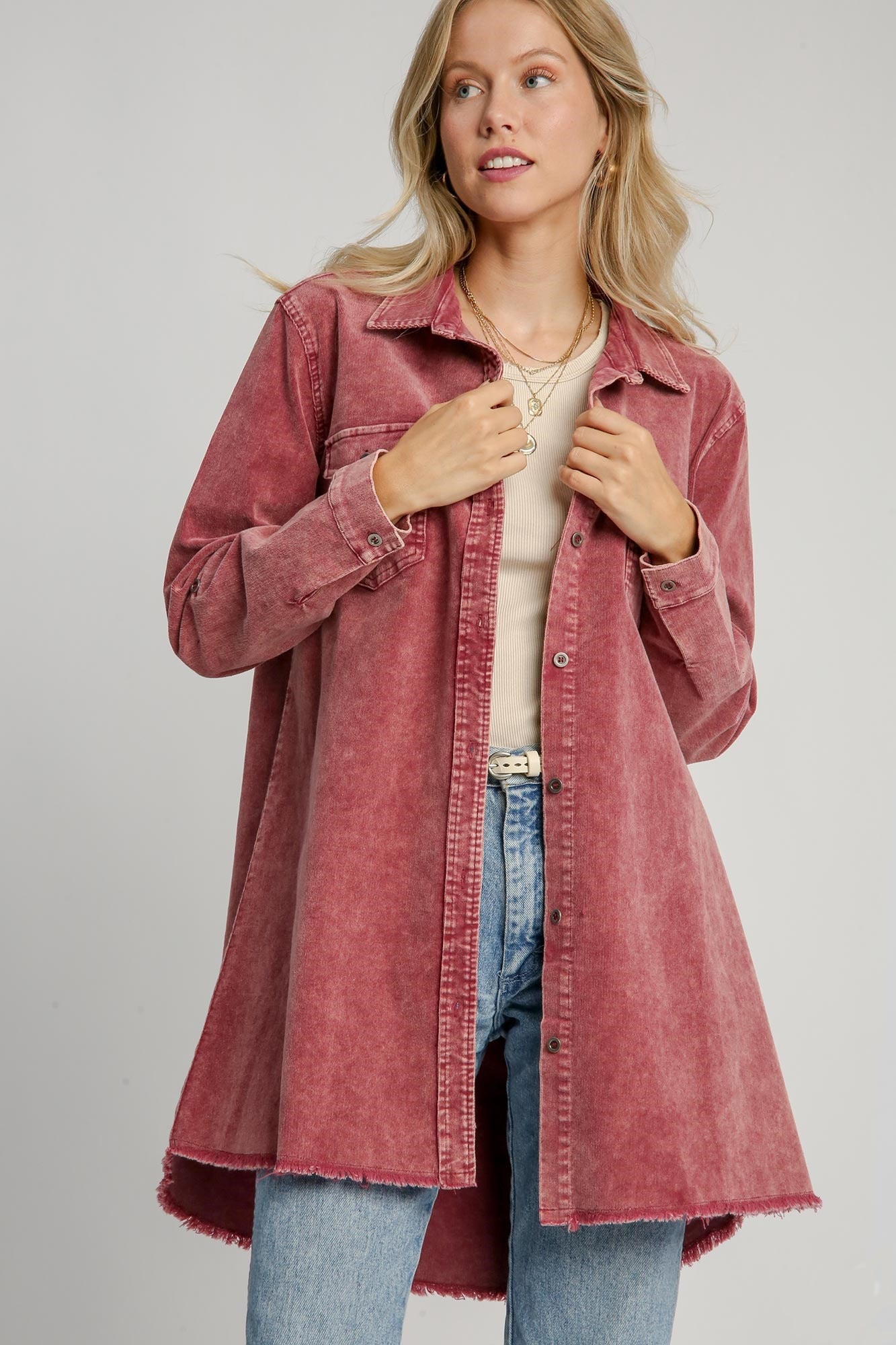 Umgee Keep It Cool Raw Hem Button Down Denim Jacket with Chest Pockets in Wine