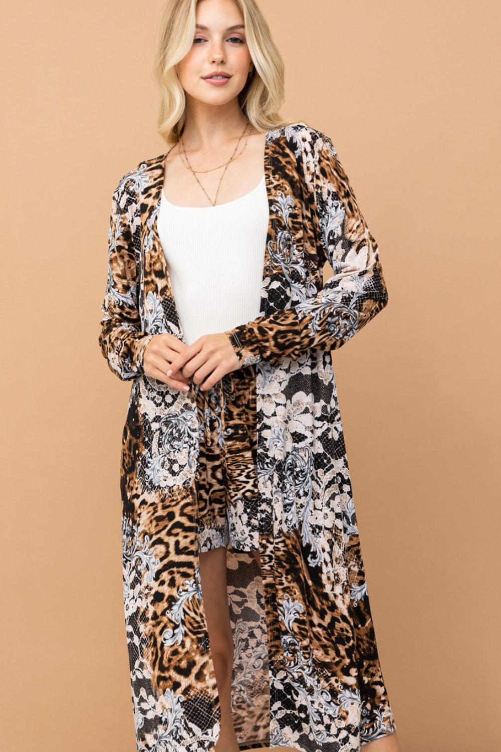 And The Why Wild Muse Leopard Kimono Open Front Longline Cardigan