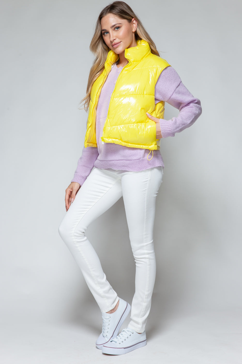 Snobbish A Quilted Touch Zip Up Turtleneck Shiny Quilted Vest in Yellow