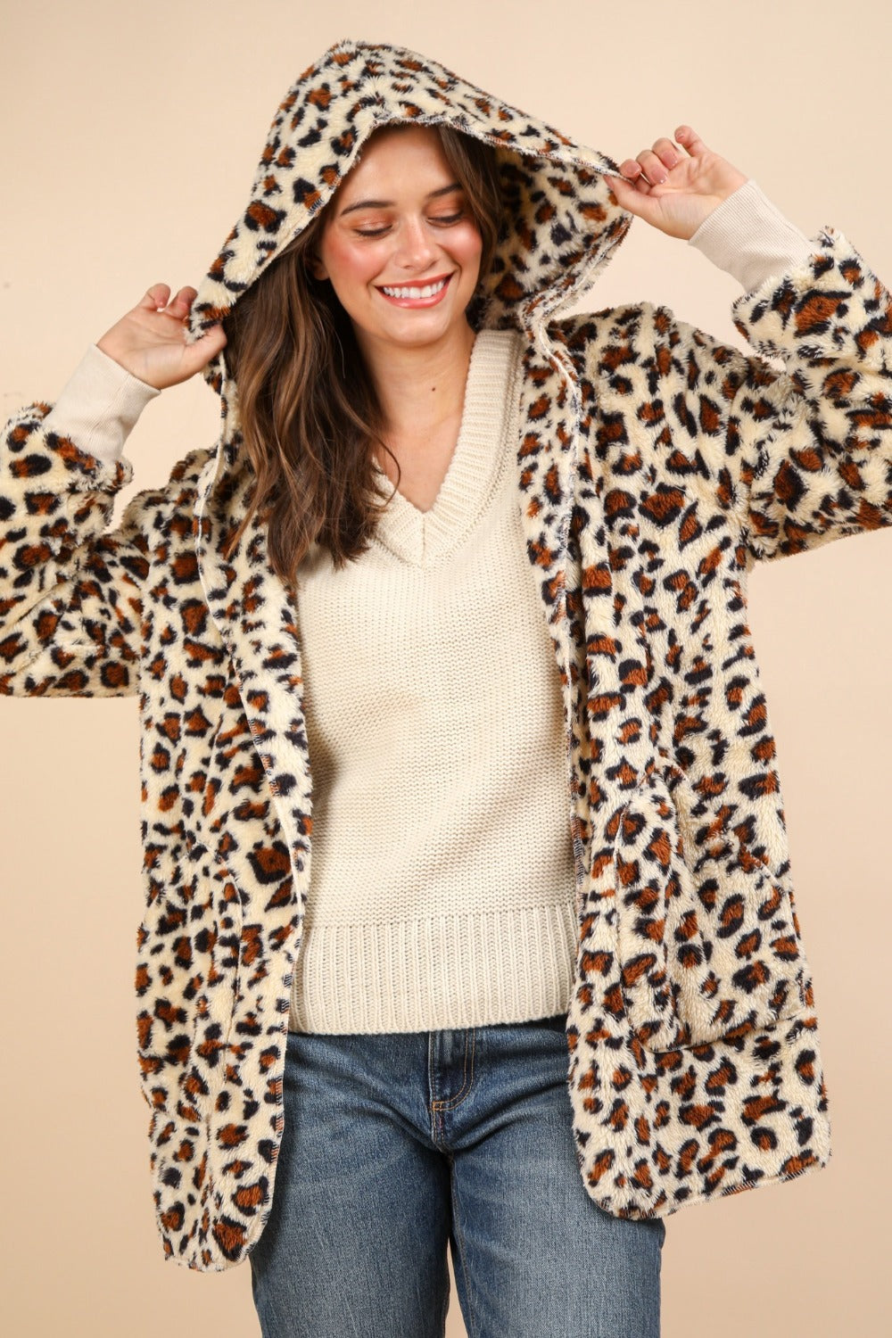 VERY J Where We Goin' Fuzzy Leopard Long Sleeve Hooded Jacket