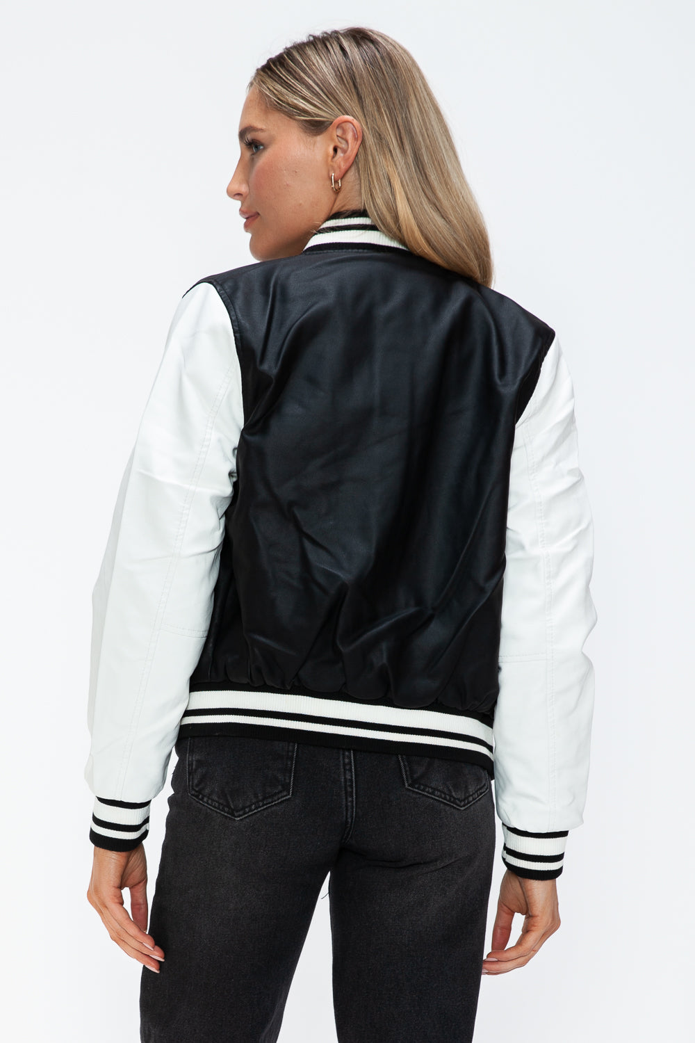 Love Me Now Bring The Love PU Leather Contrast Snap Down Bomber Jacket in Black/ White