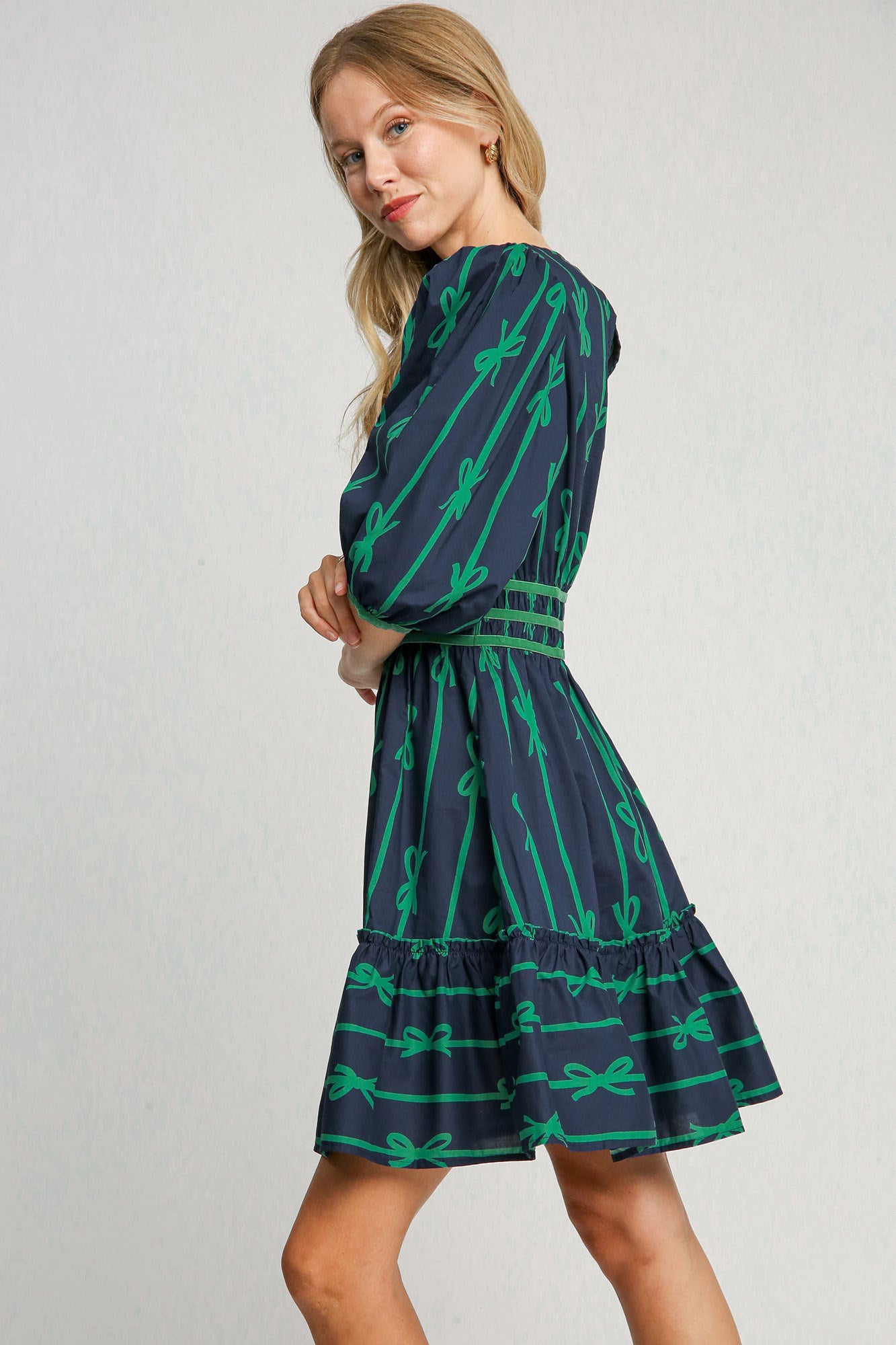 Umgee When Life Gives You Ribbons Print Frill Contrast Velvet Trim Half Sleeve Dress in Navy