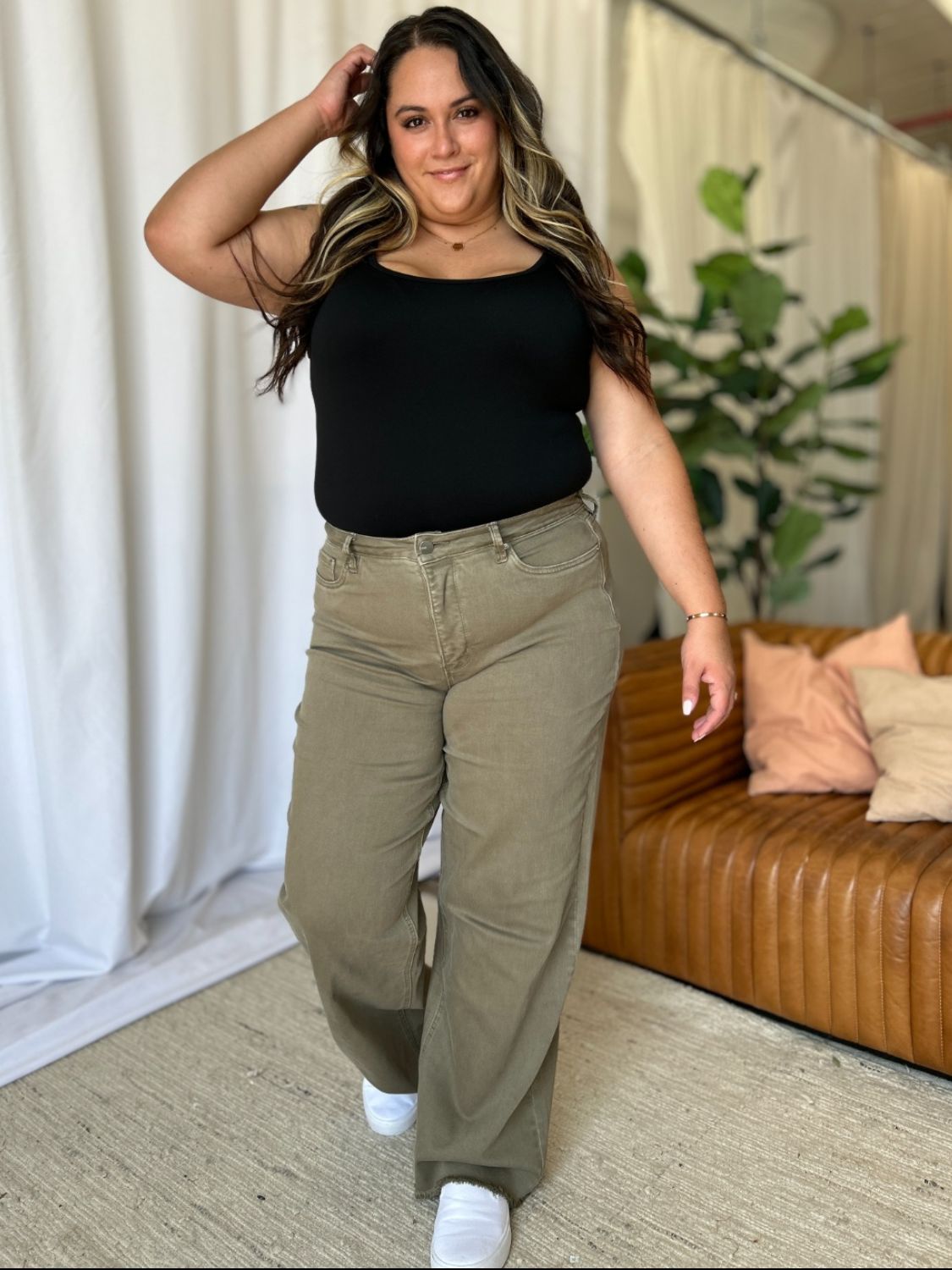 RFM Dani High Rise Garment Dye Wide Leg Jeans in Sage