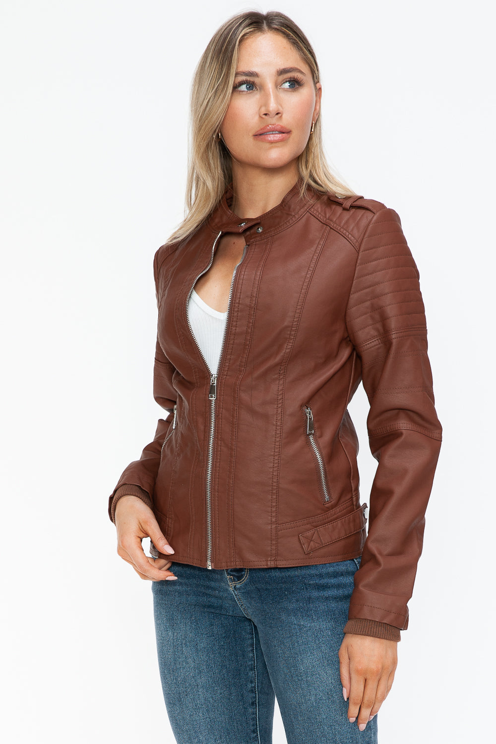 Snobbish Born To Ride PU Leather Biker Jacket with Side Zip Pockets in Brandy