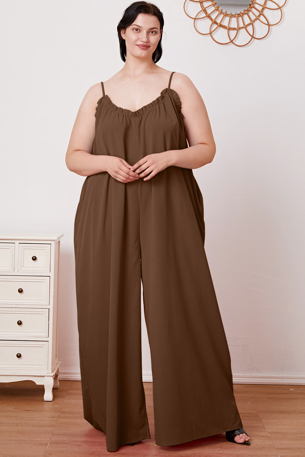 Double Take My Favorite Ruffle Trim Tie Back Cami Jumpsuit with Pockets