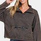 Zenana Cozy In The Cabin Acid Wash Fleece Half Snap Sweatshirt with Pocket in Ash Black