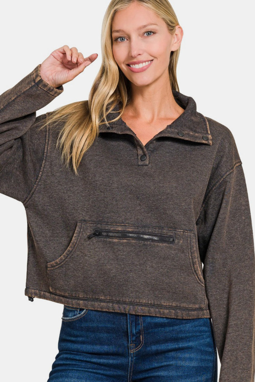 Zenana Cozy In The Cabin Acid Wash Fleece Half Snap Sweatshirt with Pocket in Ash Black