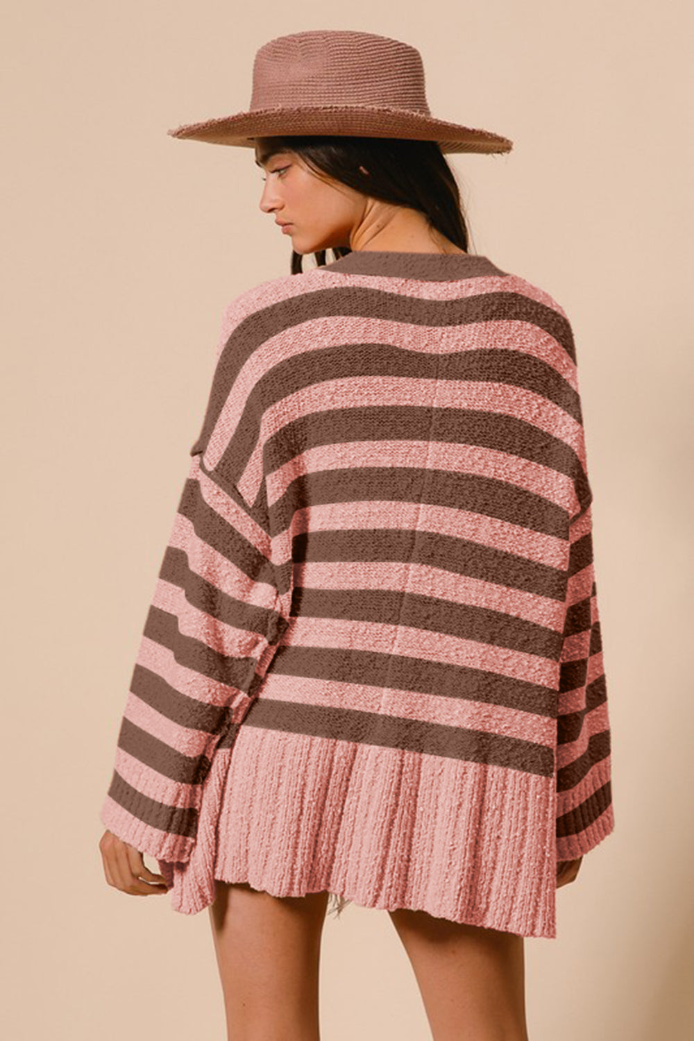 BiBi Stripe Cozy Magic Slit V-Neck Button Up Cardigan