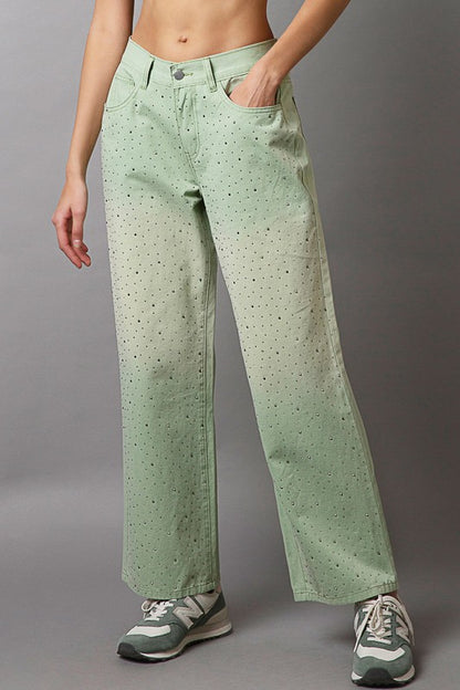 POL Autumn Embellishments Gradient Wide Leg Pants in Light Green