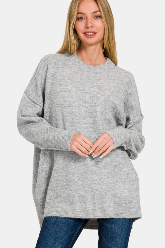 Zenana Everyday Cozy High-Low Hem Drop Shoulder Sweater in Grey