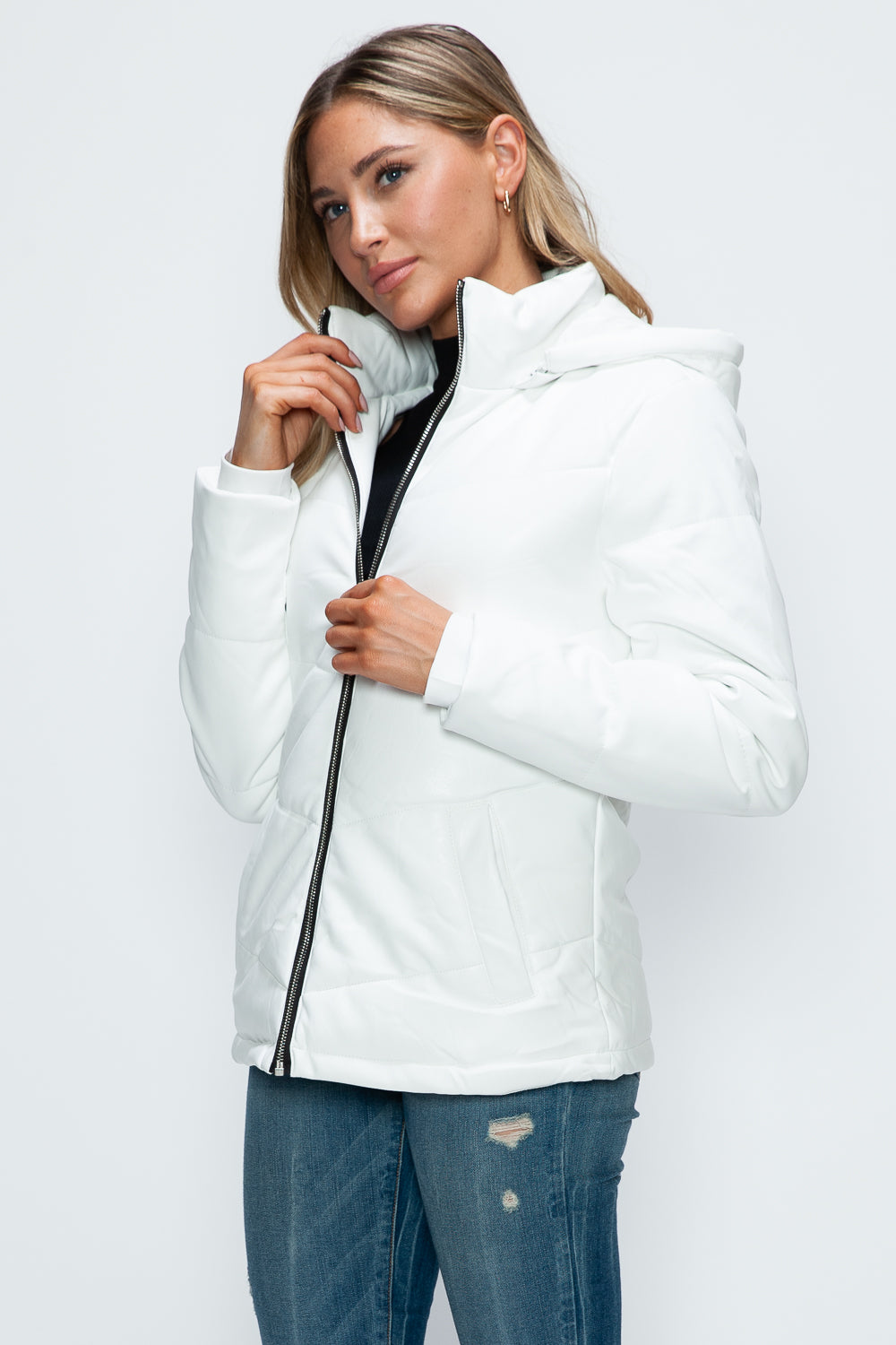 How Dare U Embrace The Chill Pocketed Zip Up Puffer Jacket with Removable Hood in White