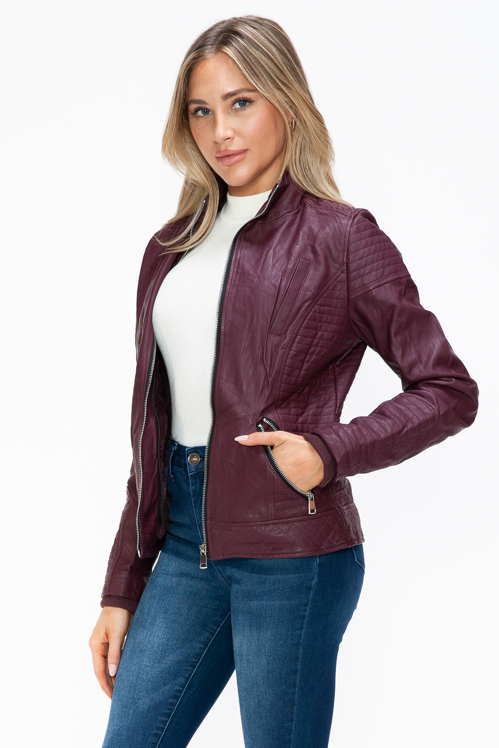 YMI Fuzzy Feels Faux Layered Double-Zipper Jacket with Fuzzy Hood in Wine