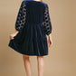 Umgee A Perfect Match Dotted Lace Sleeve Tiered Velvet Mini Dress in Navy