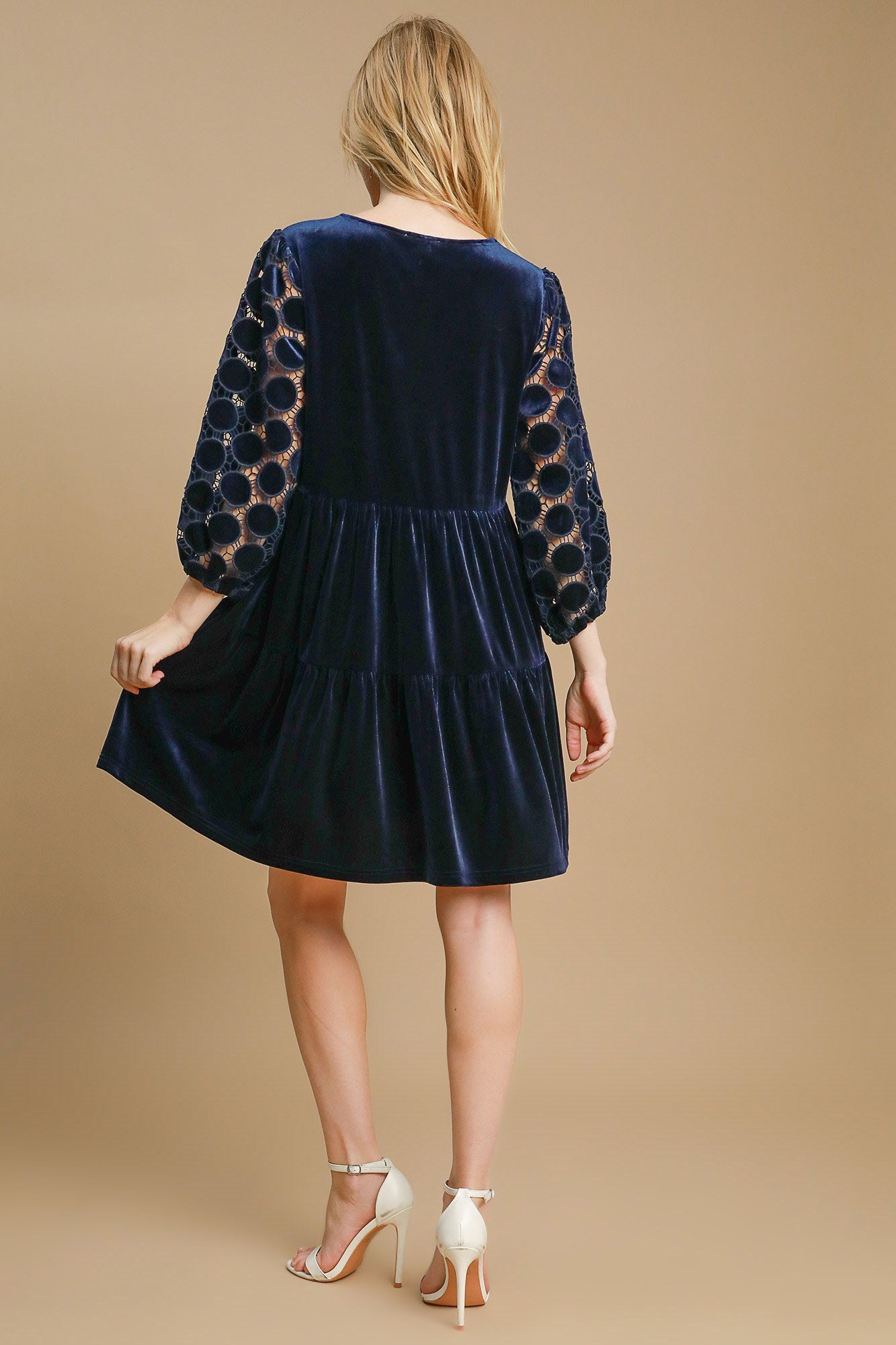 Umgee A Perfect Match Dotted Lace Sleeve Tiered Velvet Mini Dress in Navy