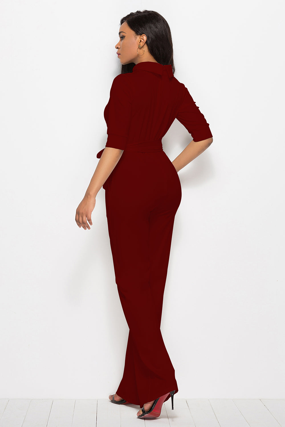 Driven Mock Neck Tie-Waist Half Sleeve Jumpsuit with Pockets