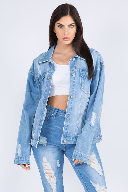 American Bazi Paint The Town California Painted Back Distressed Denim Jacket