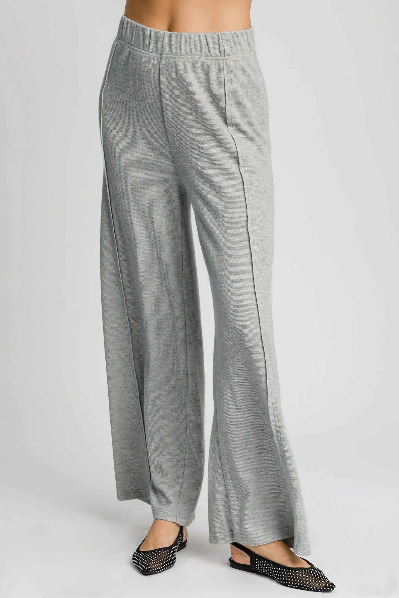 Umgee Wide Leg Vibes Elastic Waist Wide Leg Knit Pants in Gray