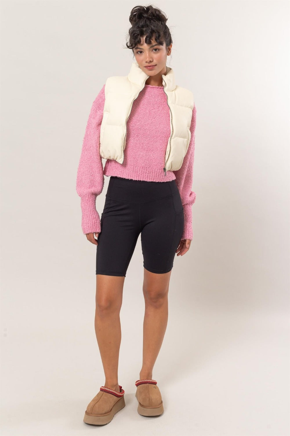 HYFVE Puff It Up Pocketed Solid Vest Coat in Cream
