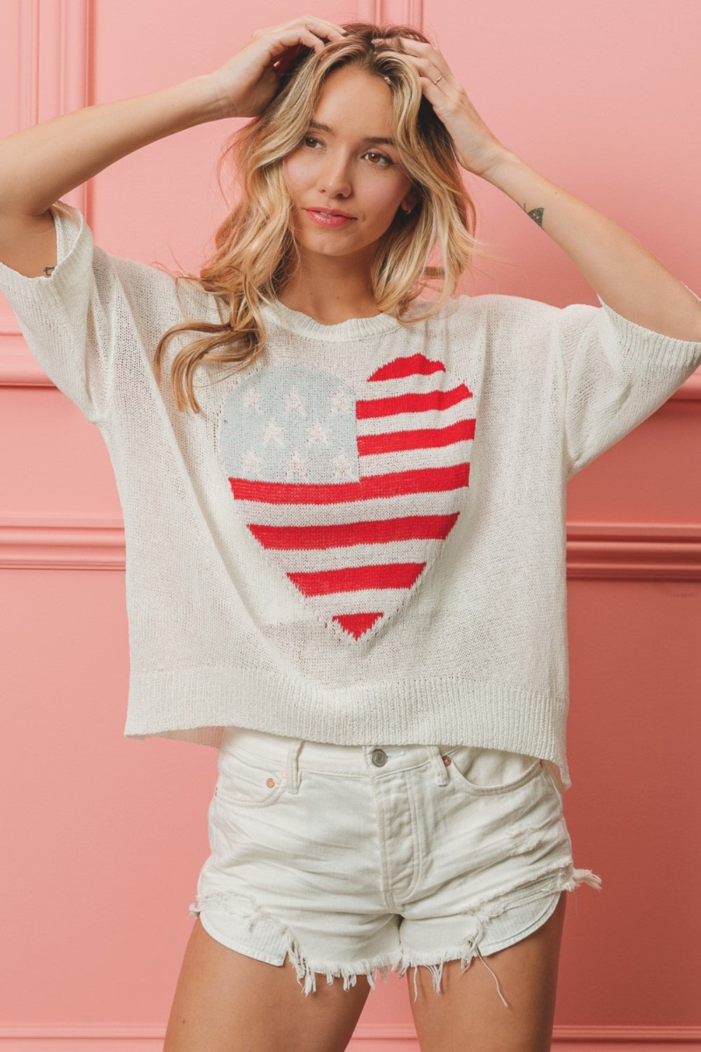 BiBi My Heart Is Here Striped Heart Contrast Knit Top