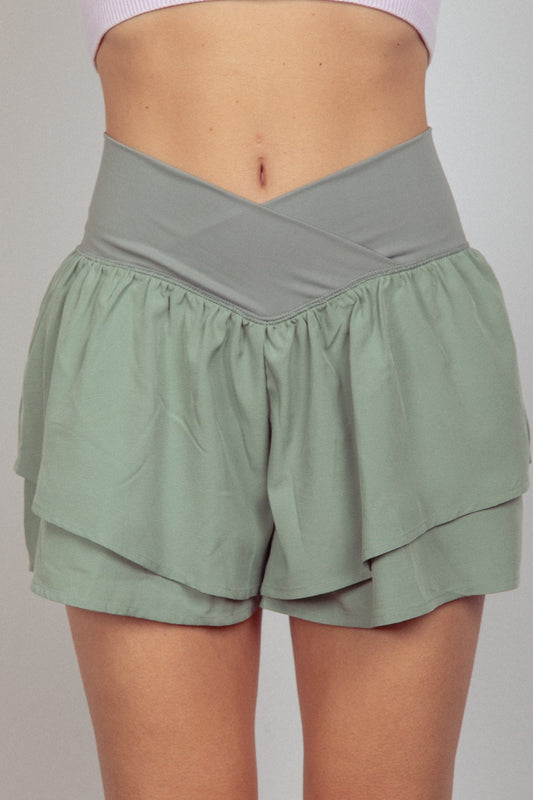 VERY J Unstoppable Pace V-Shaped High Waist Layered Active Shorts in Sage