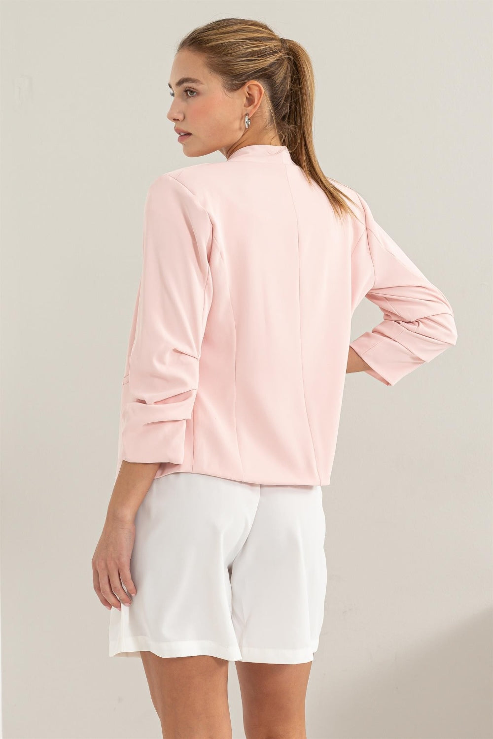 HYFVE Make It Happen Open Front Ruched Sleeve Blazer in Blush