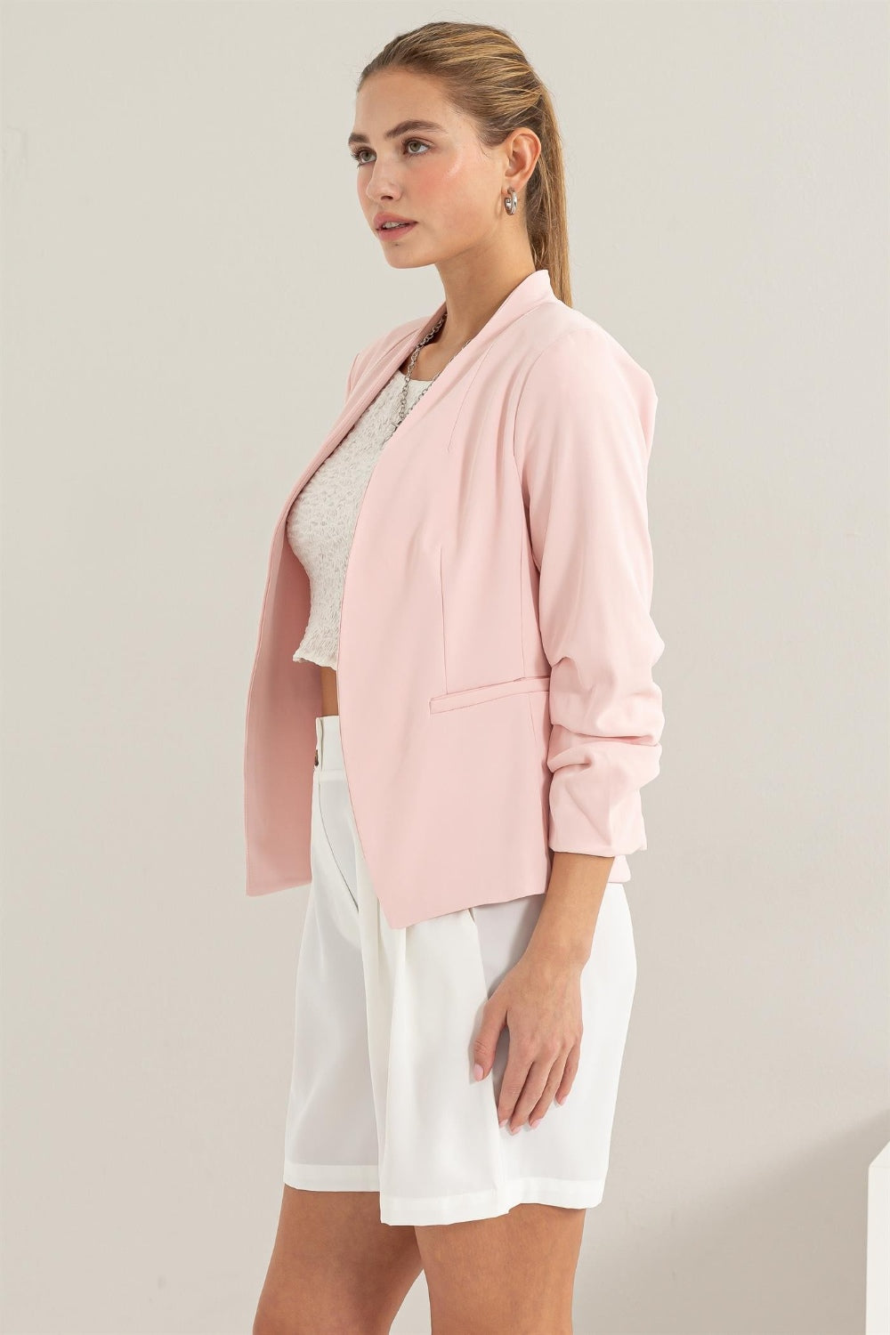 HYFVE Make It Happen Open Front Ruched Sleeve Blazer in Blush