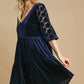 Umgee A Perfect Match Dotted Lace Sleeve Tiered Velvet Mini Dress in Navy