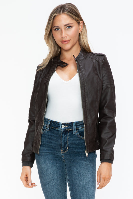 Snobbish Born To Ride PU Leather Biker Jacket with Side Zip Pockets in Chocolate