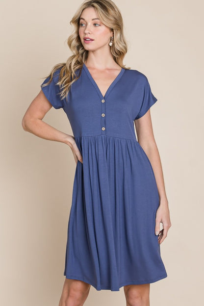 BOMBOM Steal The Blues V-Neck Short Sleeve Dress