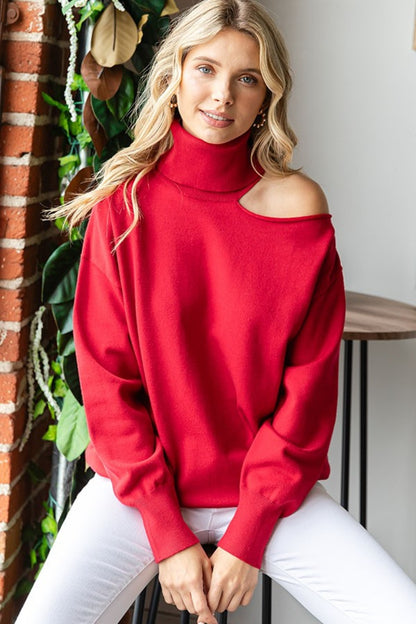 First Love Shine Through Cut Out Shoulder Turtleneck Sweater