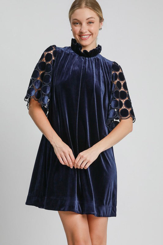 Umgee A Magic Match Dotted Lace Half Sleeve Mock Neck Back Tie Velvet Dress in Navy