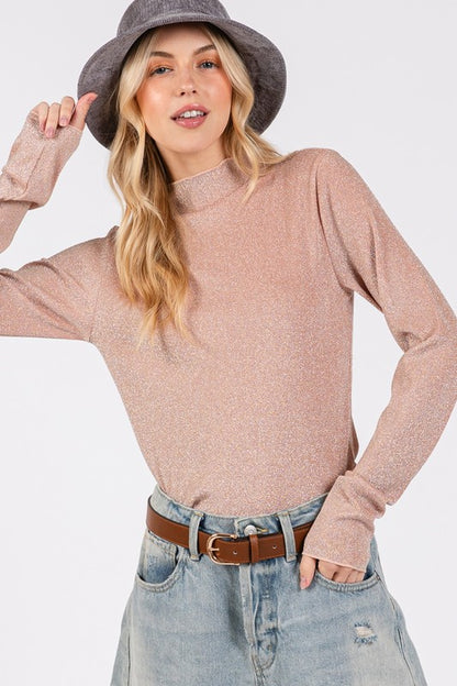 SAGE + FIG Add More Sparkle Glitter Mock Neck Lettuce Hem Long Sleeve Top in Apricot
