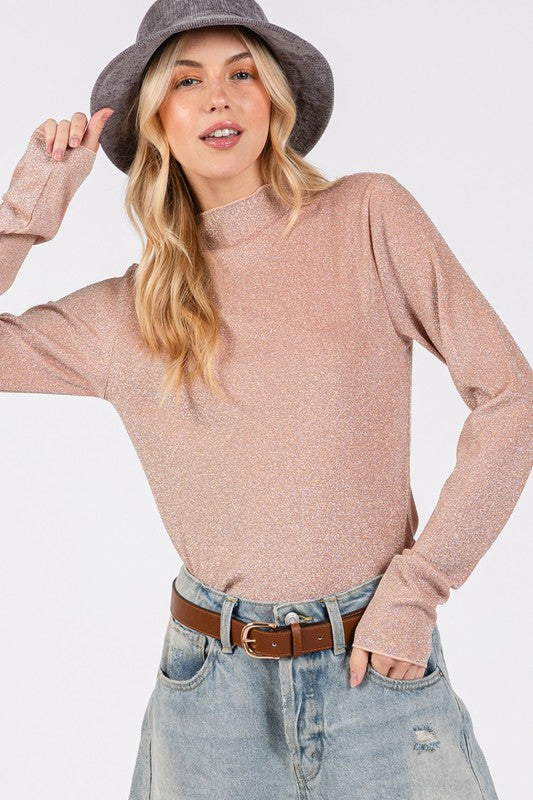 SAGE + FIG Add More Sparkle Glitter Mock Neck Lettuce Hem Long Sleeve Top in Apricot