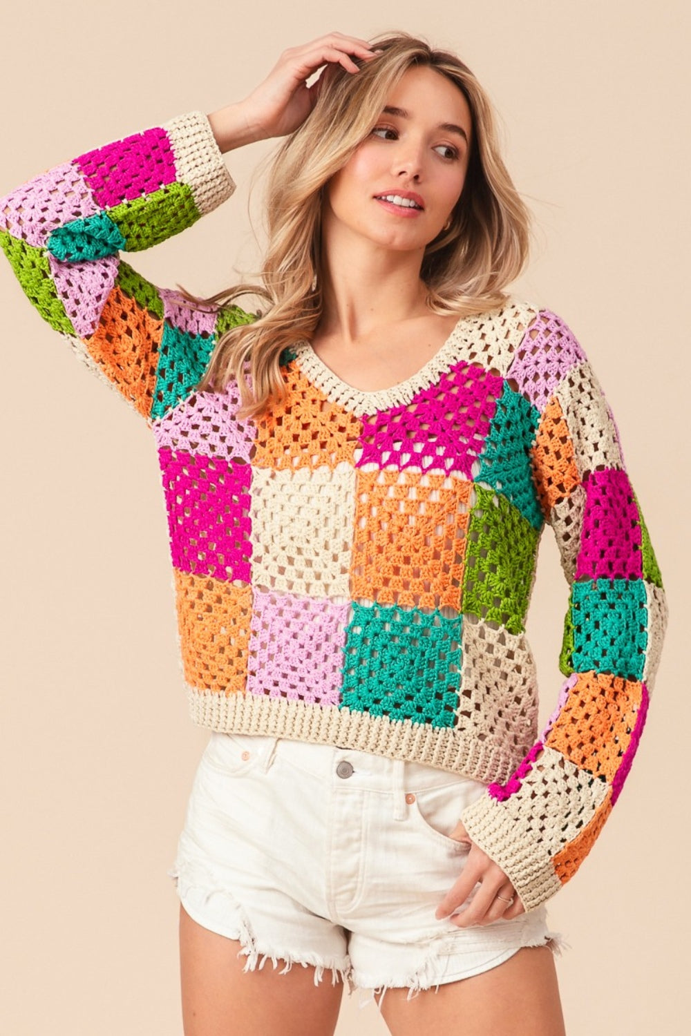 BiBi A World Of Color Multi Color Checkered Long Sleeve Knit Top