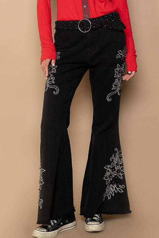 POL Flo Raw Hem Embroidered Flare Pants in Black