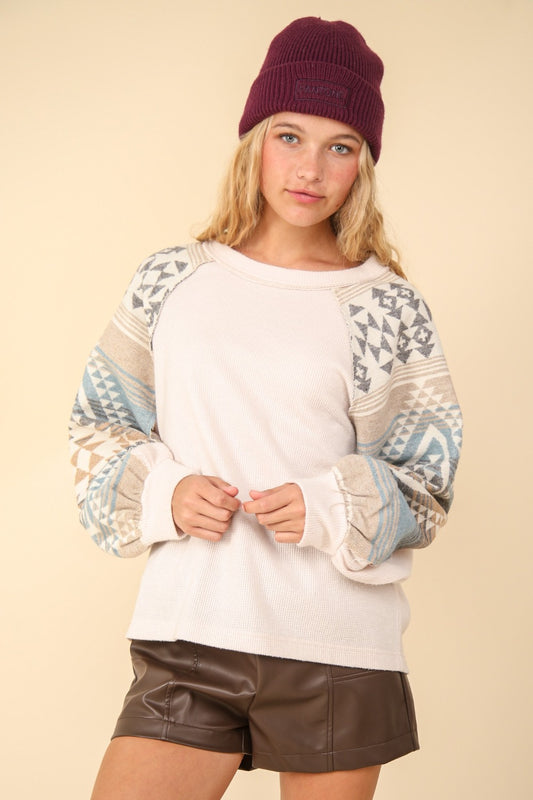 VERY J Steal The Show Printed Long Sleeve Knit Top in Cream