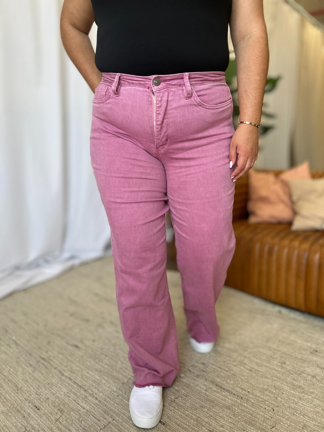 RFM Raelene High Rise Garment Dye Wide Leg Jeans in French Rose