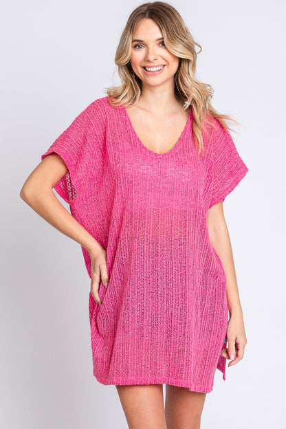 GeeGee Give Me My Hot Pink Short Sleeve Side Slit Knit Cover Up Dress