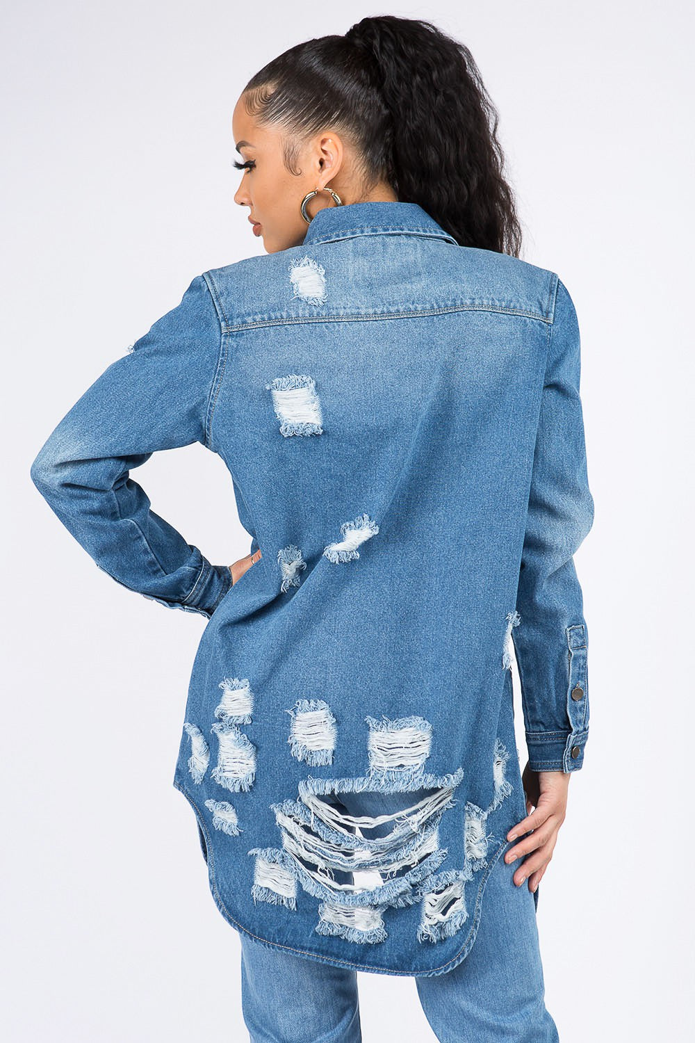 American Bazi Center Stage Distressed Button Down Denim Shirt Jacket