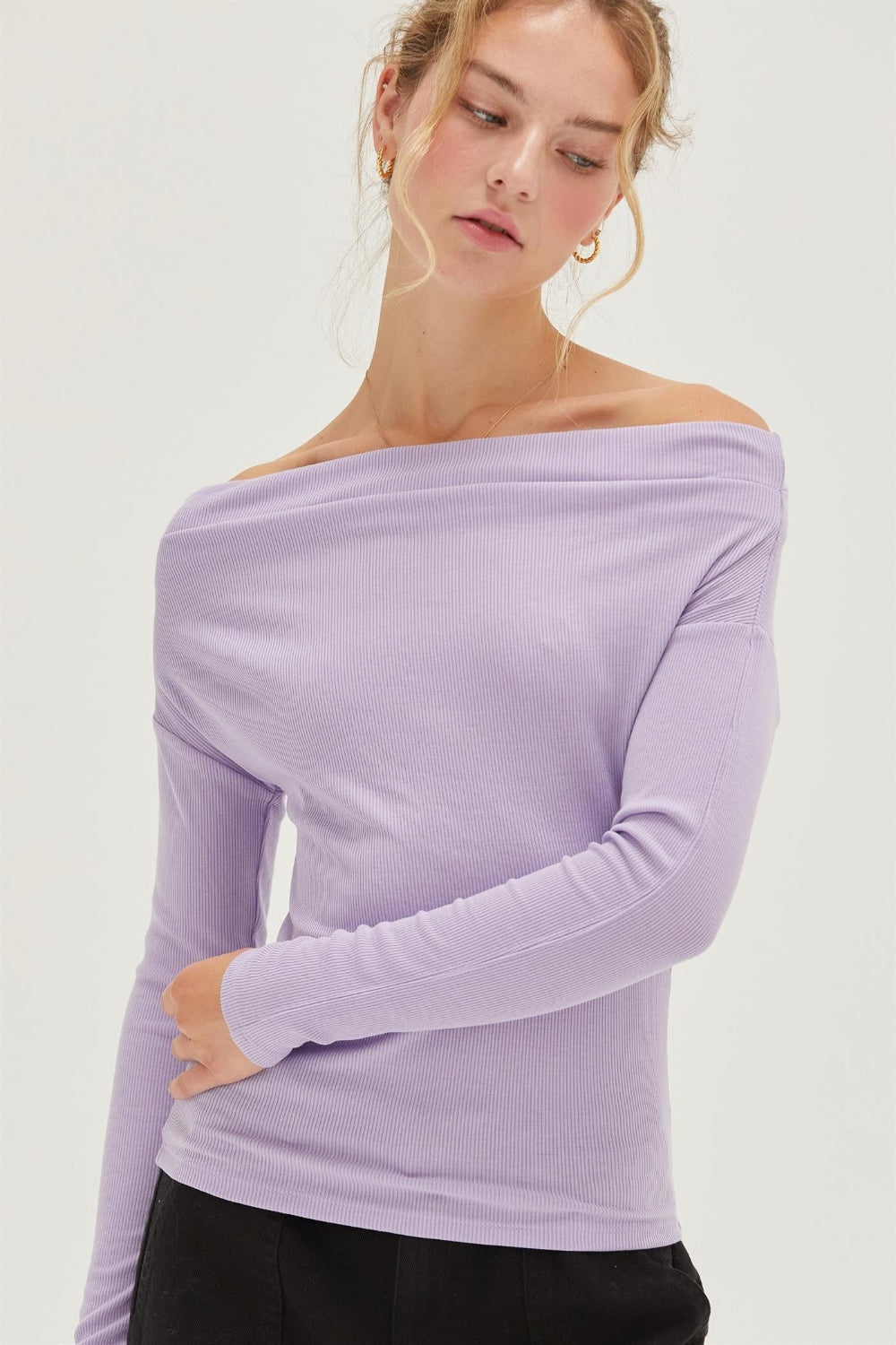 HYFVE In Her Mood Off Shoulder Ribbed Knit Top in Taro