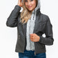 YMI Fuzzy Feels Faux Layered Double-Zipper Jacket with Fuzzy Hood in Charcoal