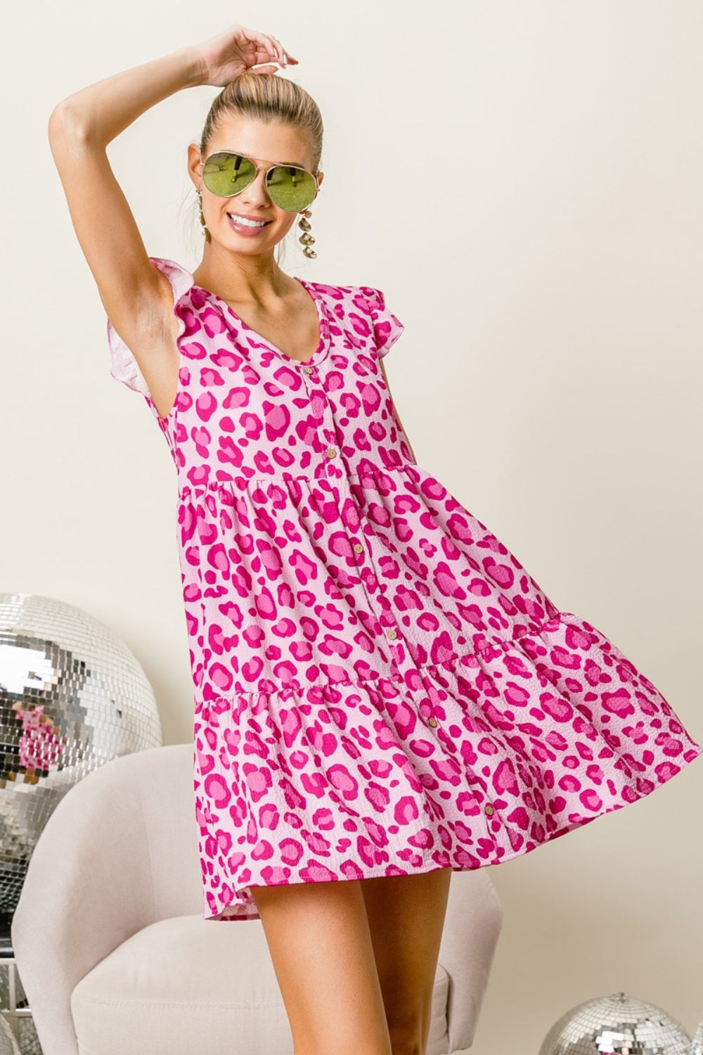 BiBi Pink Leopard Cap Sleeve Tiered Mini Dress