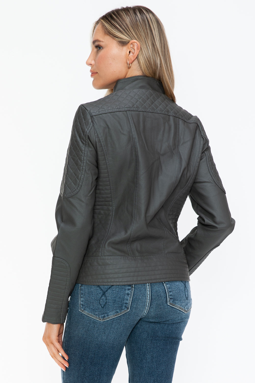 Snobbish Ready To Own The Night Faux Leather Zip Up Mock Neck Jacket in Charcoal